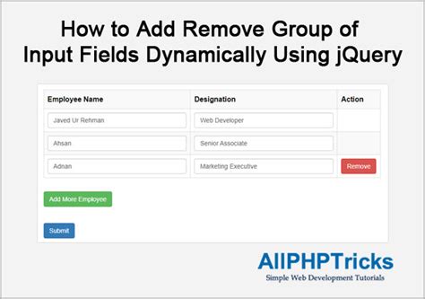 Add Remove Group Of Input Fields Dynamically Using Jquery All Php Tricks