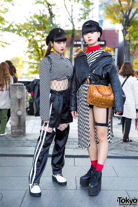 harajuku girls in monochrome streetwear styles w open the door one spo kinji yru bubbles and mcm