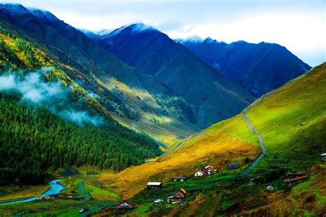 Mountains Valley Road Village View Color Beautiful Wallpaper