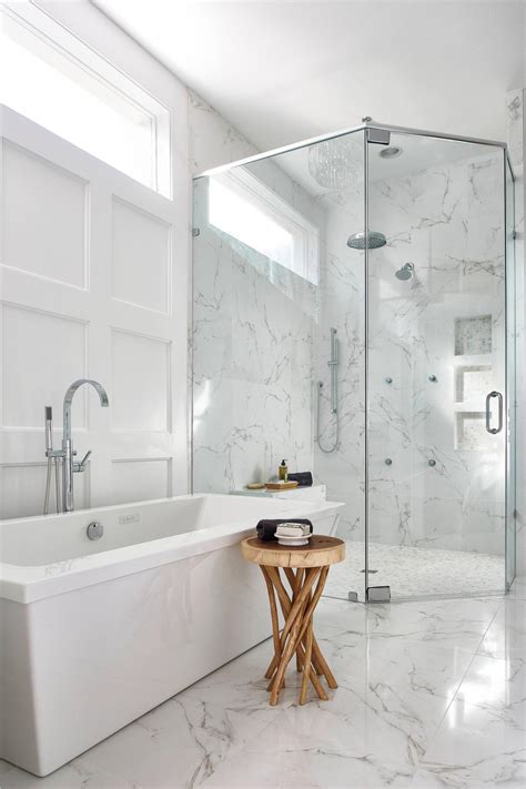 Tile ideas for small bathrooms cover everything from plain and simple to luxe and indulgent. Contemporary Master Bath With White Marble and Glass ...
