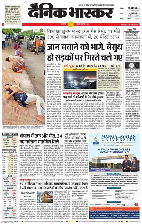 The main reason of launching dainik bhaskar today hindi news paper was to fulfill. Dainik Bhaskar Jabalpur-May 08, 2020 Newspaper