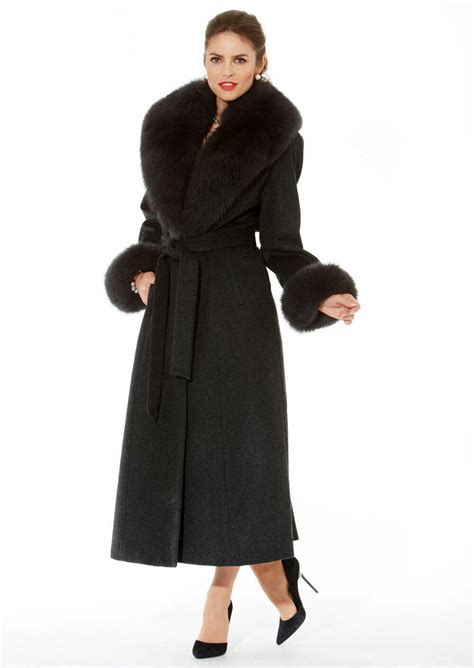 Fox Fur Collar And Cuffs Full Length Long Cashmere Coat For Women
