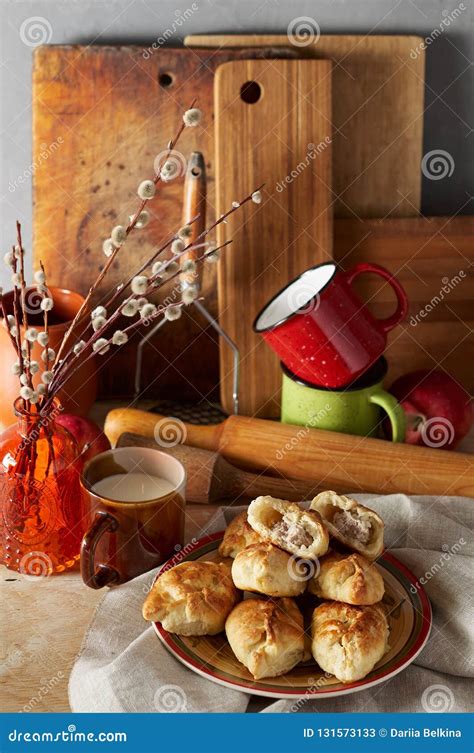 Russian Meat Piroshki Traditional Hand Mini Pies On Wooden Background