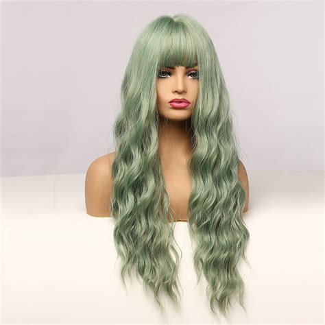 Synthetic Green Long Wavy Cosplay Wigs With Bangs For Women Etsy