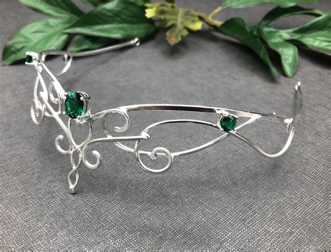 Faery Wedding Tiara With Emerald In Sterling Silver Elvish Circlet