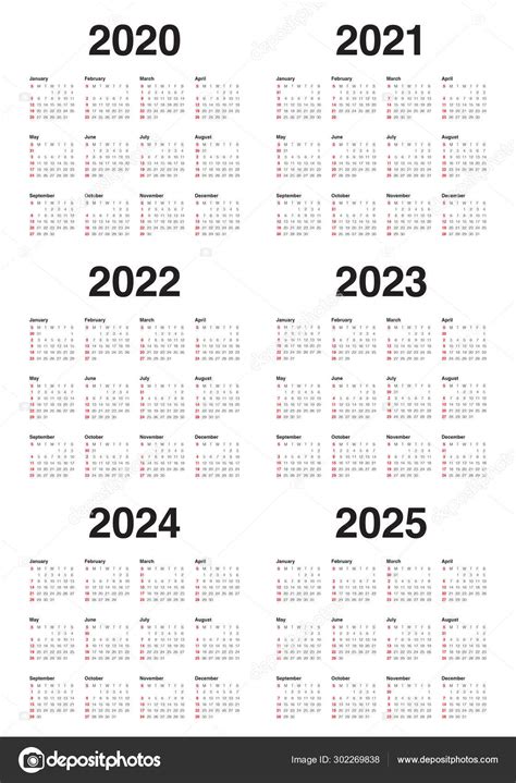 Year 2020 2021 2022 2023 2024 2025 Calendar Vector Design Templa Stock