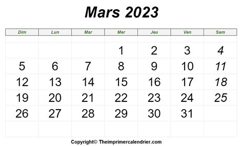 Calendrier Imprimable De Mars 2023 The Imprimer Calendrier