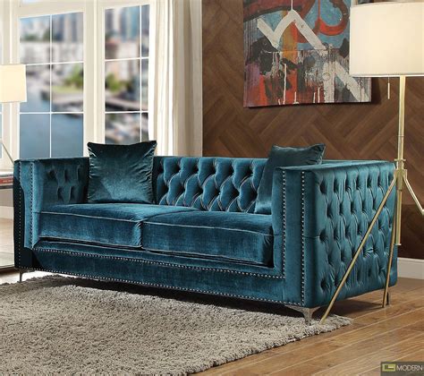 Modern Contempo Valleria Dark Teal Velvet Sofa And Loveseat Living Room Set