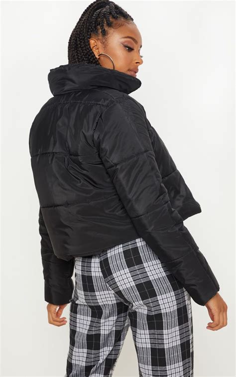 Black Puffer Cropped Jacket Coats And Jackets Prettylittlething Crop