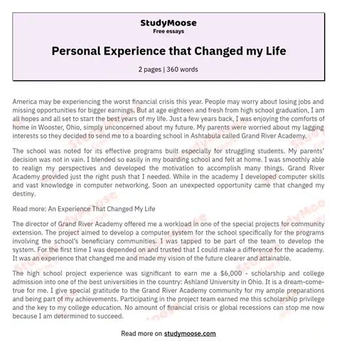Personal Experience That Changed My Life Free Essay Example