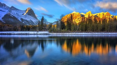 Canada Mountain Lake Reflection Trees Clouds Scenic Relaxing