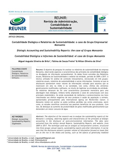 PDF Contabilidade Dialógica e Relatórios de Sustentabilidade o caso do Grupo Empresarial Monsanto