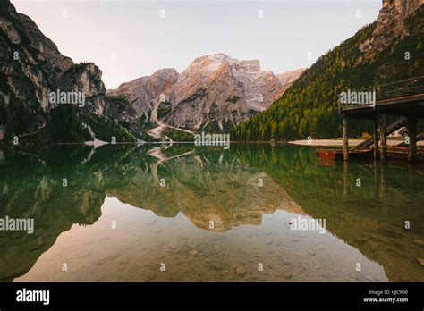 Lago Di Braies Dolomite Alps Val Di Braies South Tyrol Italy Stock