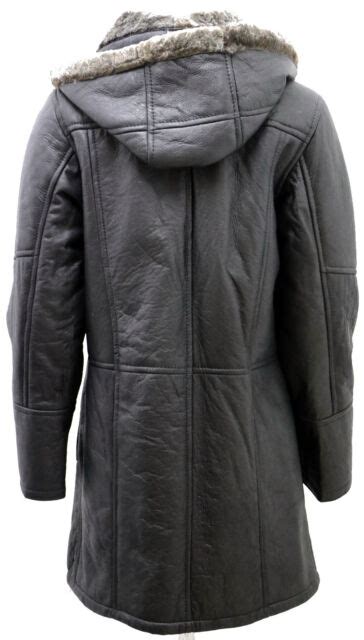 Womens Black Hooded Real Shearling Sheepskin Leather Duffle Coat Ebay