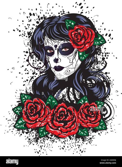 Vintage Sugar Skull Girl With Roses For Day Of The Dead Dia De Los