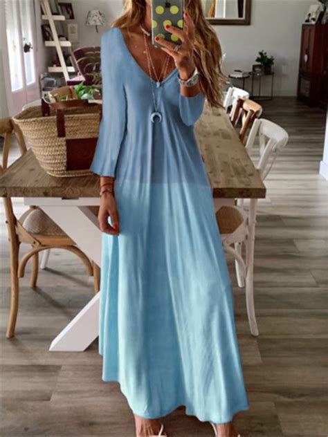 Graphic Printed Casual V Neck Long Sleeve Maxi Dress Roselinlin
