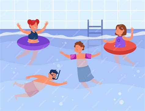 Дети плавают в бассейне с плоской векторной иллюстрацией мальчики и