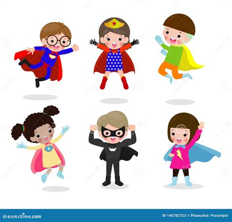 Cartoon Set Of Kids Superheroes Wearing Comics Costumes Children With