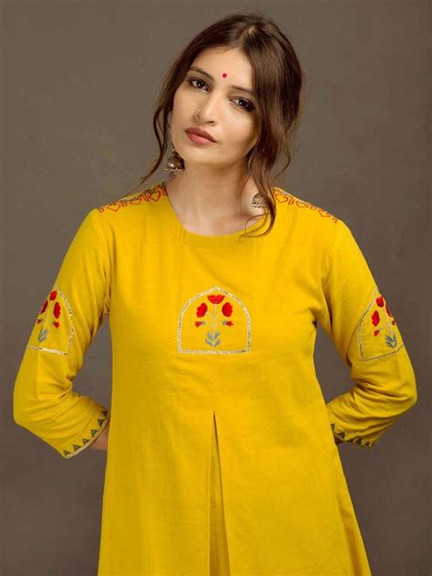 Buy Yellow Khadi Embroidered Kurta Online At Theloom Designer Kurti