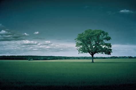 A Lone Tree Stands Alone In A Large Field Of Grass Stock Illustration