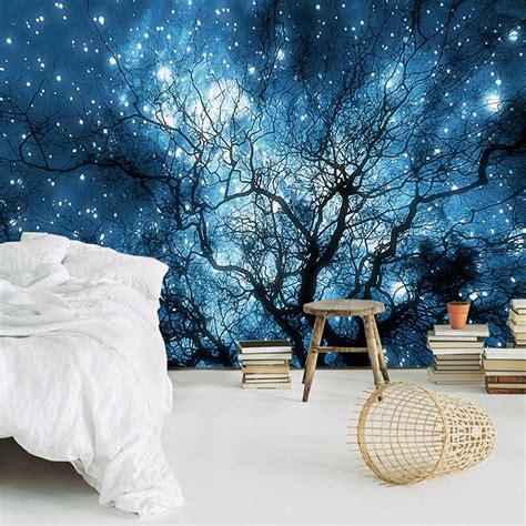 Custom Wallpaper Mural Blue Starry Sky Trees Bvm Home