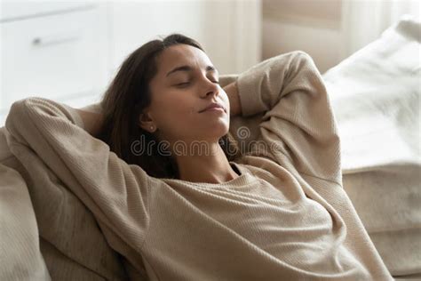 Calm Millennial Woman Relax Sleeping On Couch At Home Stock Image Image Of Eyes Girl 172714855