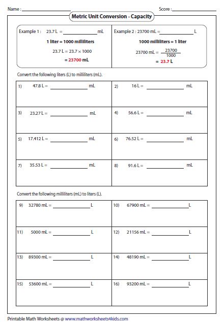 Metric Unit Conversion Worksheets