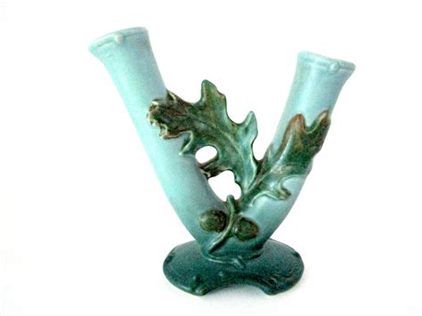 Weller Pottery Oak Leaf Pattern Double Vase Matte Blue Etsy Leaf