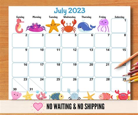 Editable July 2023 Calendar Printable Kids Calendar 2023 Etsy