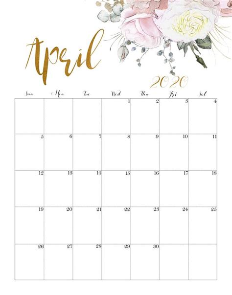 April 2020 Floral Calendar Free Printable April Calendar Printable