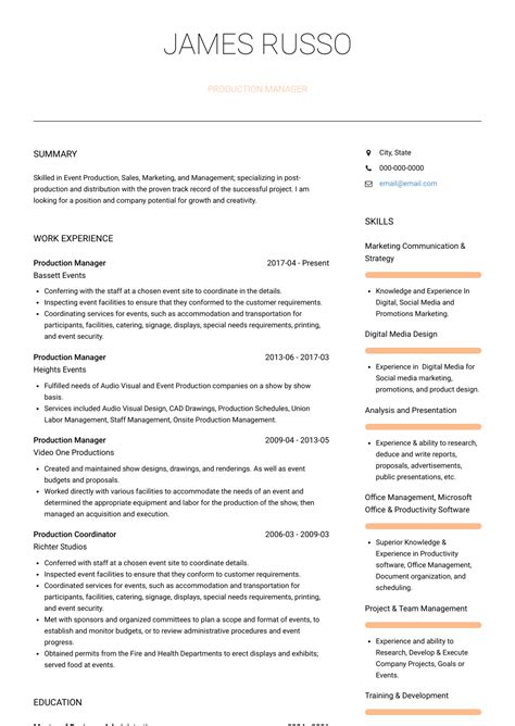 Don't hesitate to download this project manager resume example and get the job you want! Production Manager - Resume Samples and Templates | VisualCV