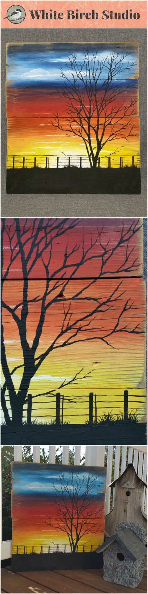 Sunset Painting Pallet Wall Art Sunset Art Silhouette Tree Art