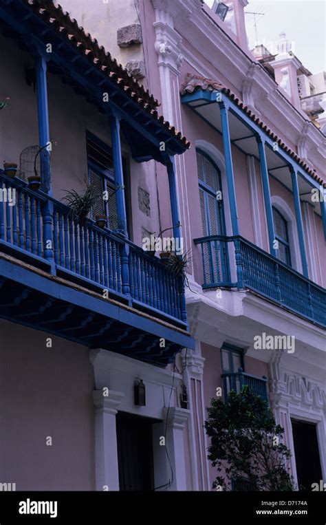 Cuba Old Havana Street Scene Colonial Houses With Balconies Stock