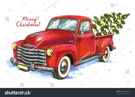 Vintage Red Pickup Truck Watercolor Illustration Stock Illustration