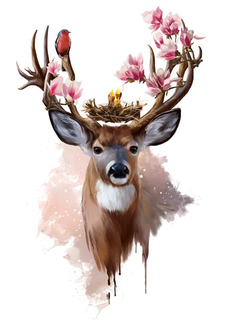 Deer With Flowers Bird On Antler Home Decor Premium Quality Poster Pr