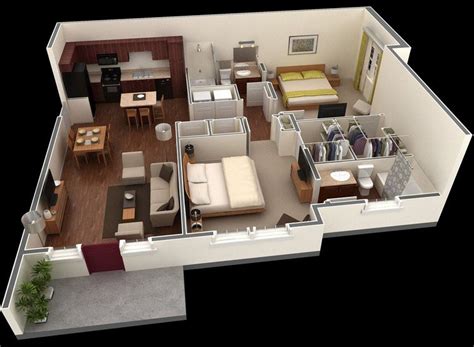 The entire large room works in the form. 20 Awesome 3D Apartment Plans With Two Bedrooms - Part 2