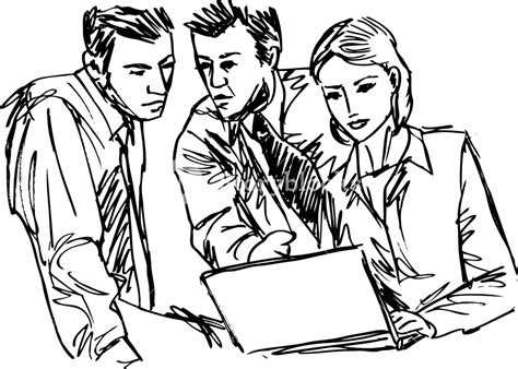 Sketch Of Successful Business People Working With Laptop At Office