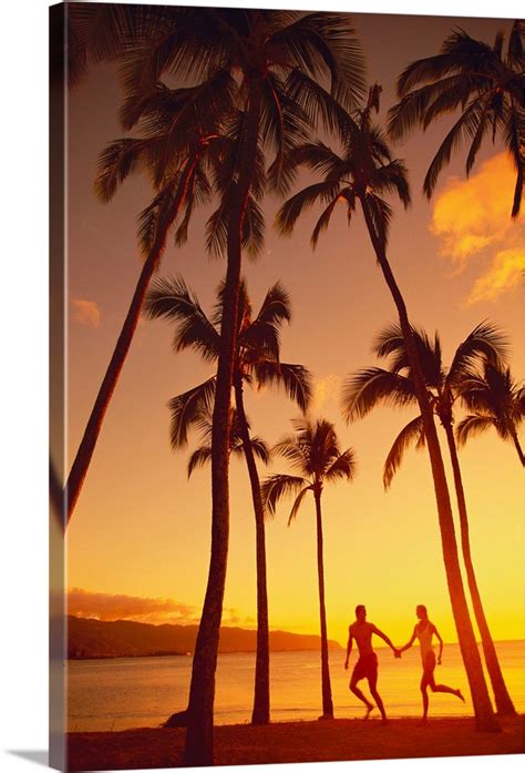 Couple Runs Together Holding Hands Under Palm Trees At Sunset Wall Art