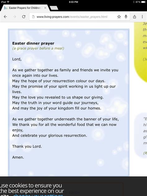 Some use the day to be solitary and reflective, others make church service and easter dinner into a huge production, while many get caught up in the bunny, the baskets, and the colored eggs. Easter dinner prayer | Dinner prayer, Easter prayers ...