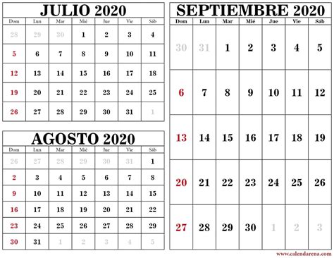 Calendario Julio Agosto Y Septiembre Para Imprimir Imagesee