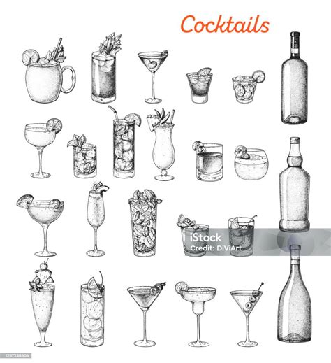 Alcoholic Cocktails Hand Drawn Vector Illustration Sketch Set Cognac