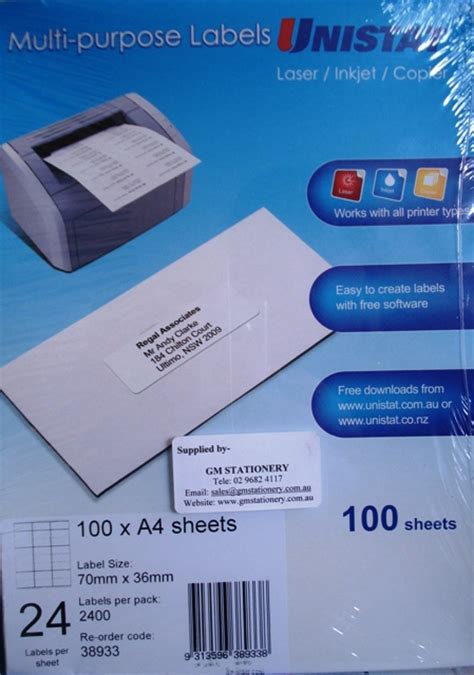 Microsoft label templates are based on the label manufacturer's product number, not sheet layout. 38933 Label Unistat 70x36mm 24 per sheet Box 2400 - Free ...