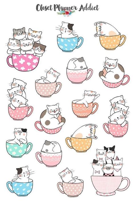 Cute Cat In Teacups Planner Stickers Cute Cat Stickers Etsy