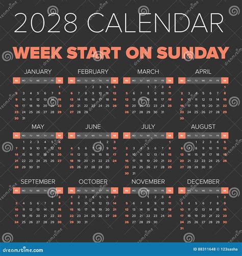 Simple 2028 Year Calendar Stock Vector Illustration Of 2028 88311648