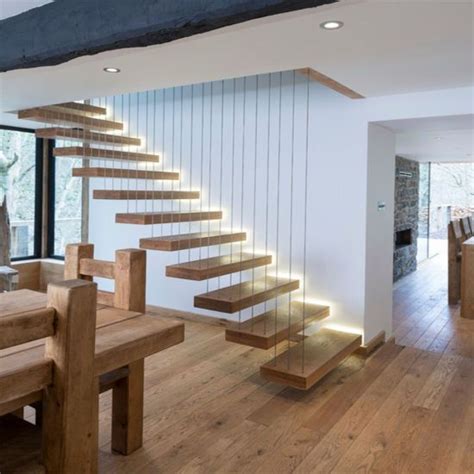 Interior Glass Wall Railing Floating Staircase With Wooden Steps Design