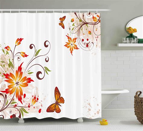 Orange Floral Shower Curtain Give The Bathroom A Charming Finish With