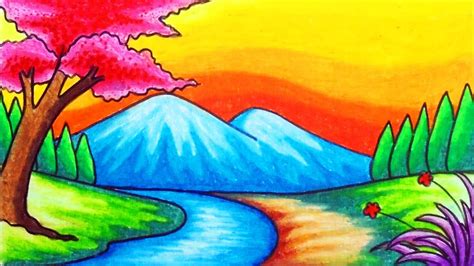 How To Draw Easy Scenery Drawing Beautiful River Scenery With Sunset