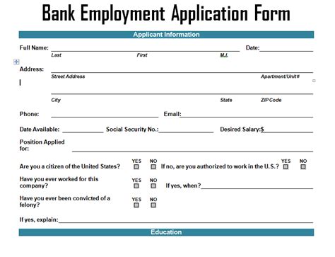 Bank Employment Application Form Template Project Management