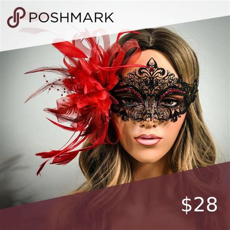 Red Masquerade Ball Mask Feathers Halloween Mask Black Masquerade