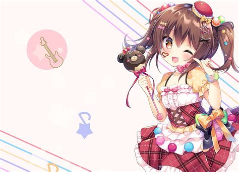 Anime Girl Wink Loli Dress Brown Hair Twintails Cute Red Eyes